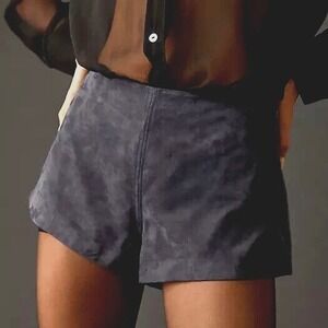 Anthropologie 100% Goat Leather Navy Blue Suede High Waist Shorts‎ Size 12 NWT